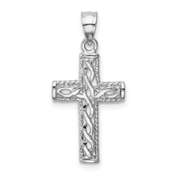 14k Yellow Gold White Polished Braided Cross Pendant
